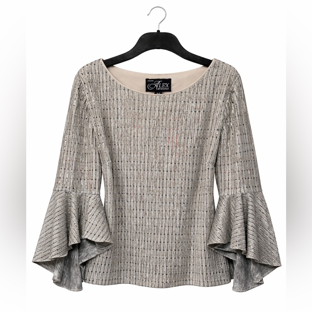 Alex Evenings XL Petite Evening Top Shimmer Flare Bell Sleeve Silver Tan Flowy